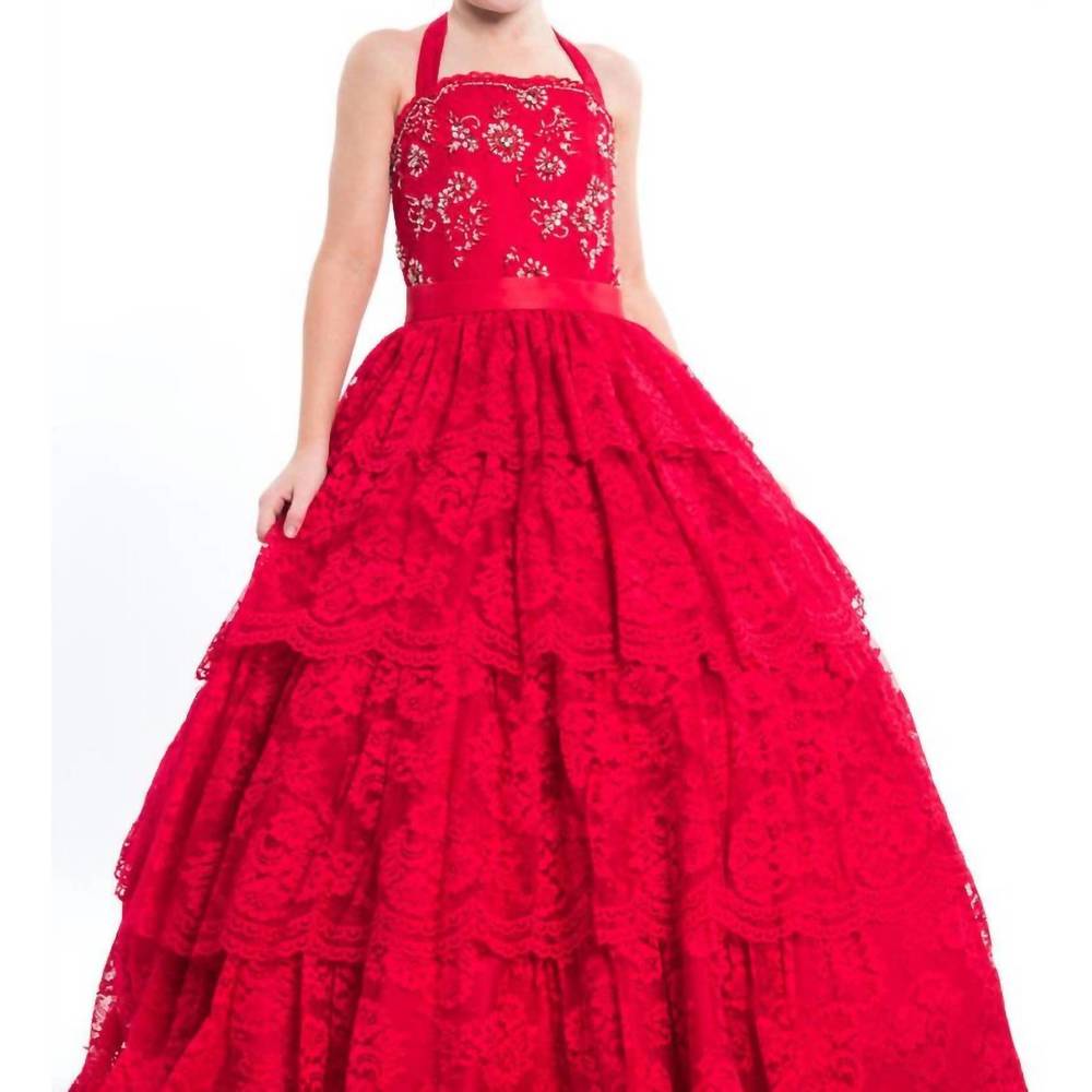 NEW RACHEL ALLAN lace halterneck pageant ball gown in red